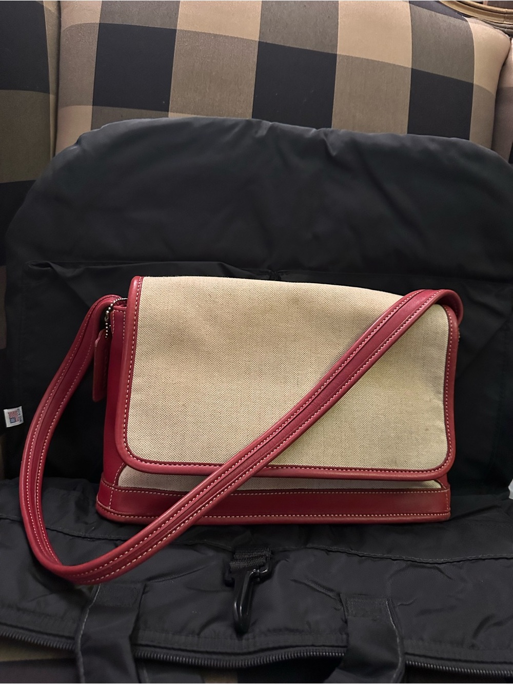 Coach Beige Canvas and Red Leather Crossbody Bag-Vintage Coach